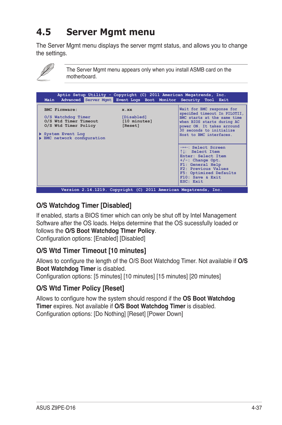 5 server mgmt menu, Server mgmt menu -37, O/s watchdog timer [disabled | O/s wtd timer timeout [10 minutes, O/s wtd timer policy [reset | Asus Z9PE-D16 User Manual | Page 93 / 184