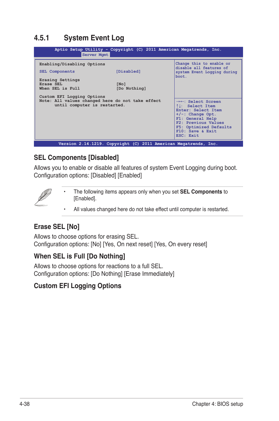 1 system event log, System event log -38, Sel components [disabled | Erase sel [no, When sel is full [do nothing, Custom efi logging options | Asus Z9PE-D16 User Manual | Page 94 / 184