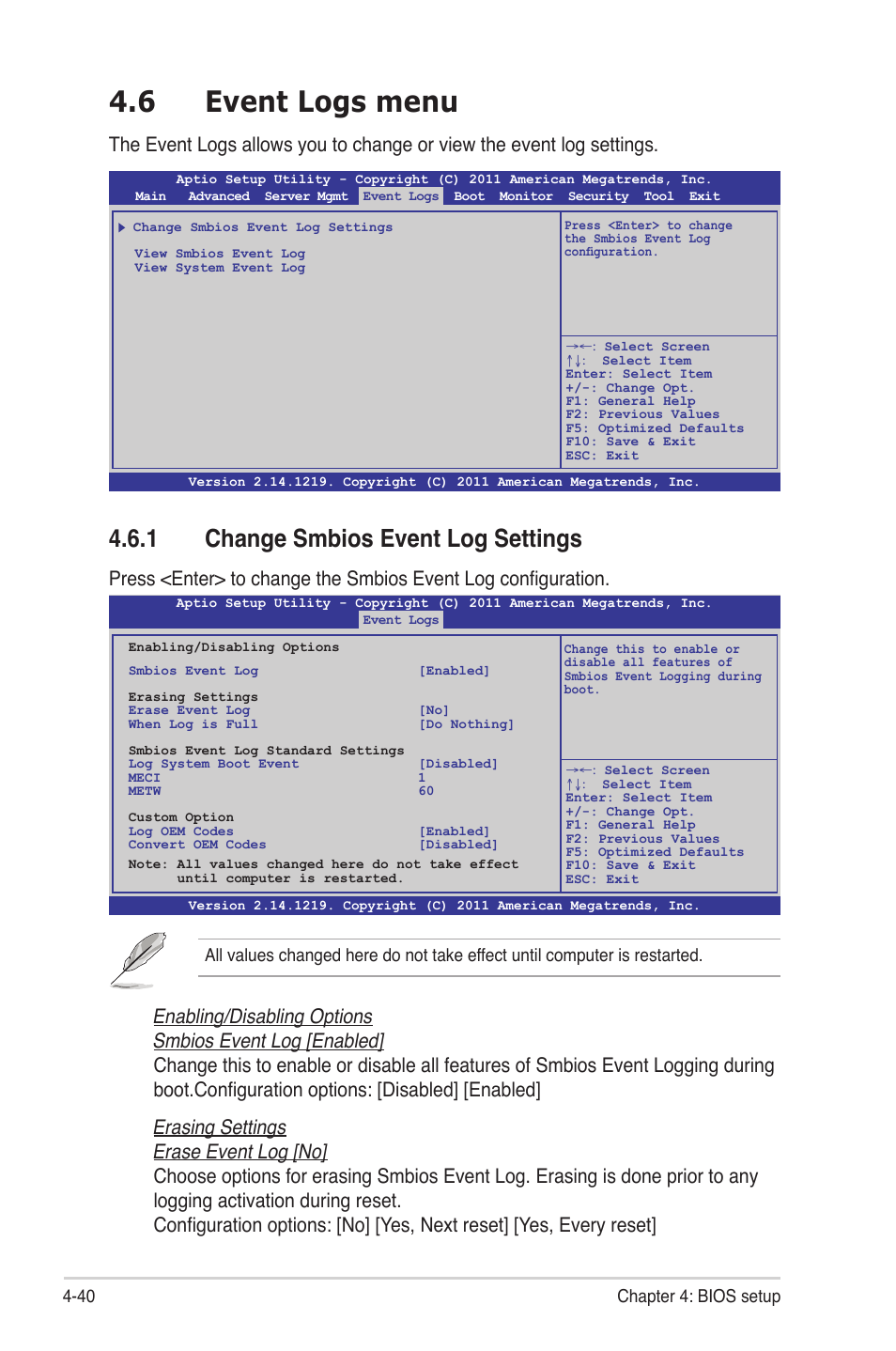 6 event logs menu, 1 change smbios event log settings, Event logs menu -40 4.6.1 | Change smbios event log settings -40, Event logs menu -40, 40 chapter 4: bios setup | Asus Z9PE-D16 User Manual | Page 96 / 184