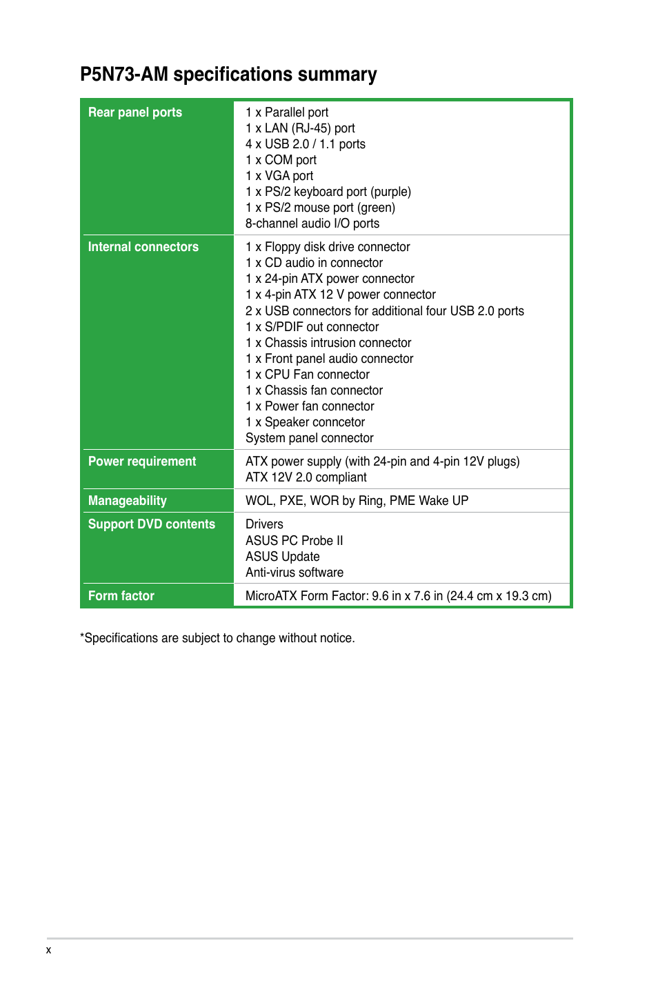 P5n73-am specifications summary | Asus P5N73-AM User Manual | Page 10 / 60