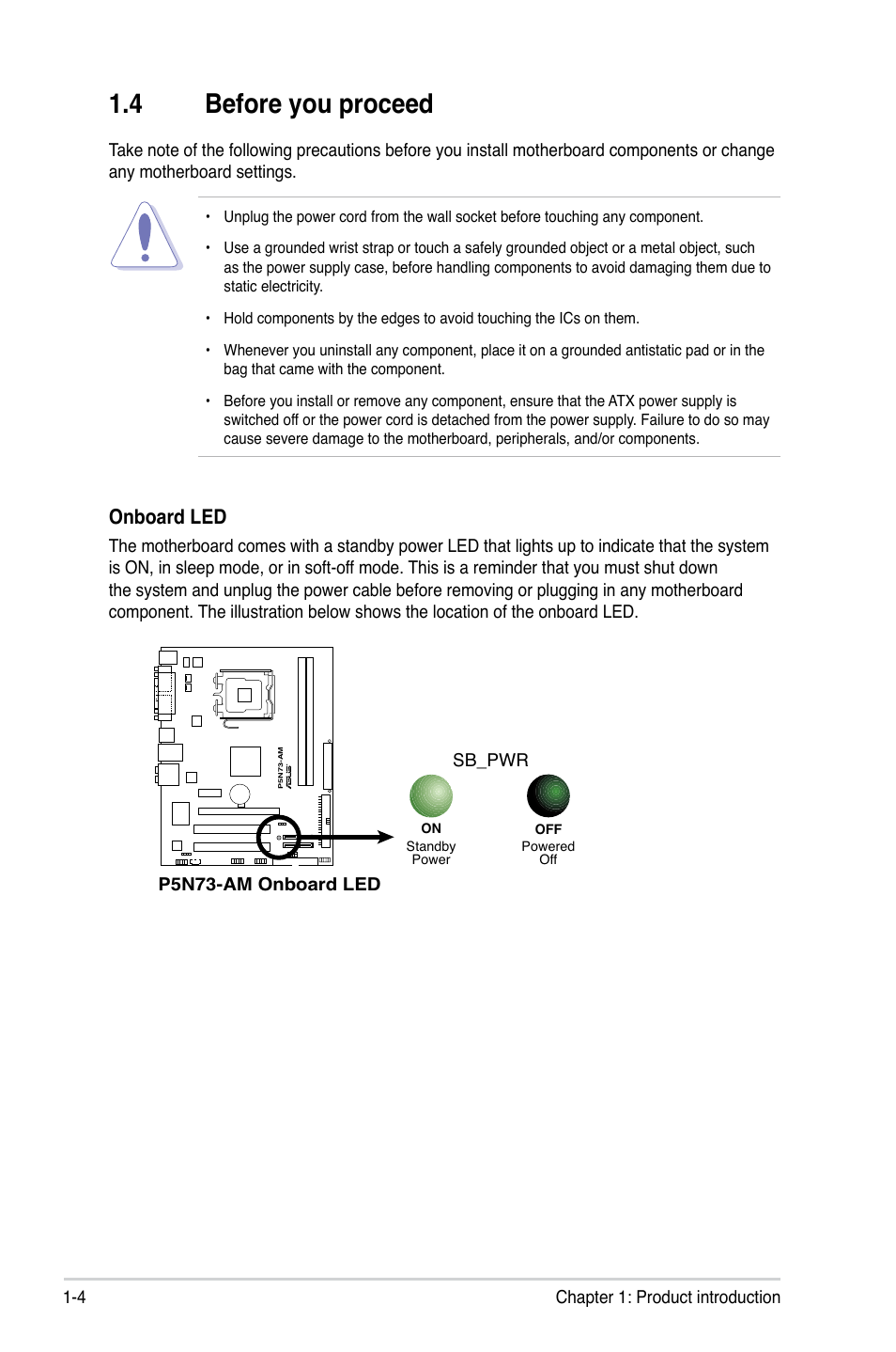 4 before you proceed, Before you proceed -4, Onboard led | Asus P5N73-AM User Manual | Page 14 / 60