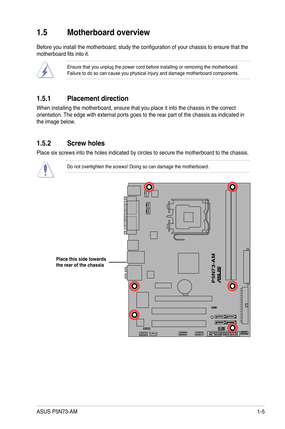 5 motherboard overview, 1 placement direction, 2 screw holes | Motherboard overview -5 1.5.1, Placement direction -5, Screw holes -5 | Asus P5N73-AM User Manual | Page 15 / 60