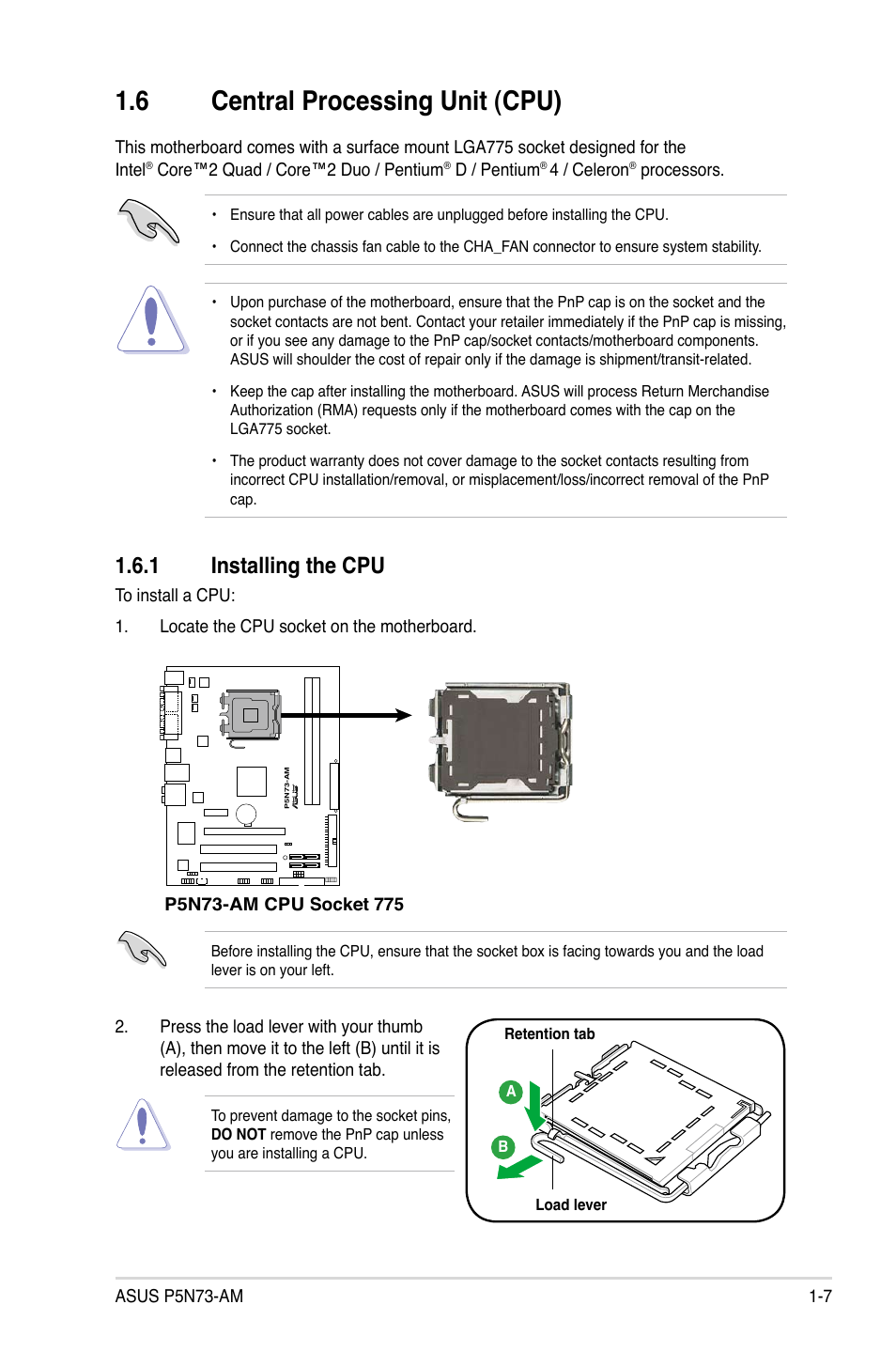 6 central processing unit (cpu), 1 installing the cpu, Central processing unit (cpu) -7 1.6.1 | Installing the cpu -7 | Asus P5N73-AM User Manual | Page 17 / 60