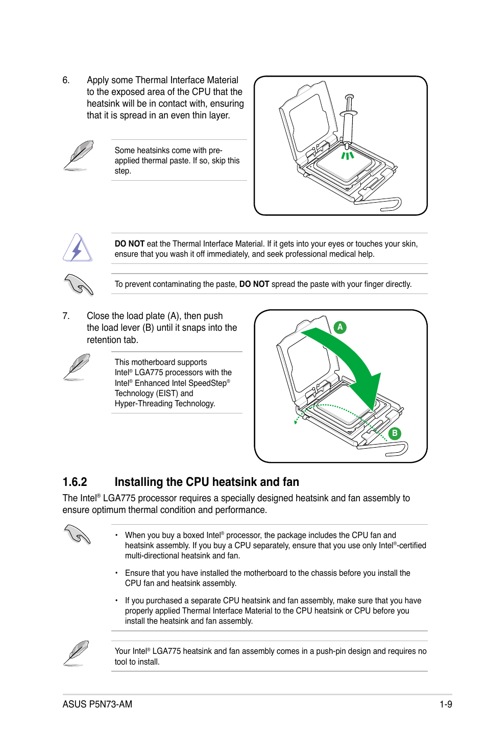 2 installing the cpu heatsink and fan, Installing the cpu heatsink and fan -9 | Asus P5N73-AM User Manual | Page 19 / 60