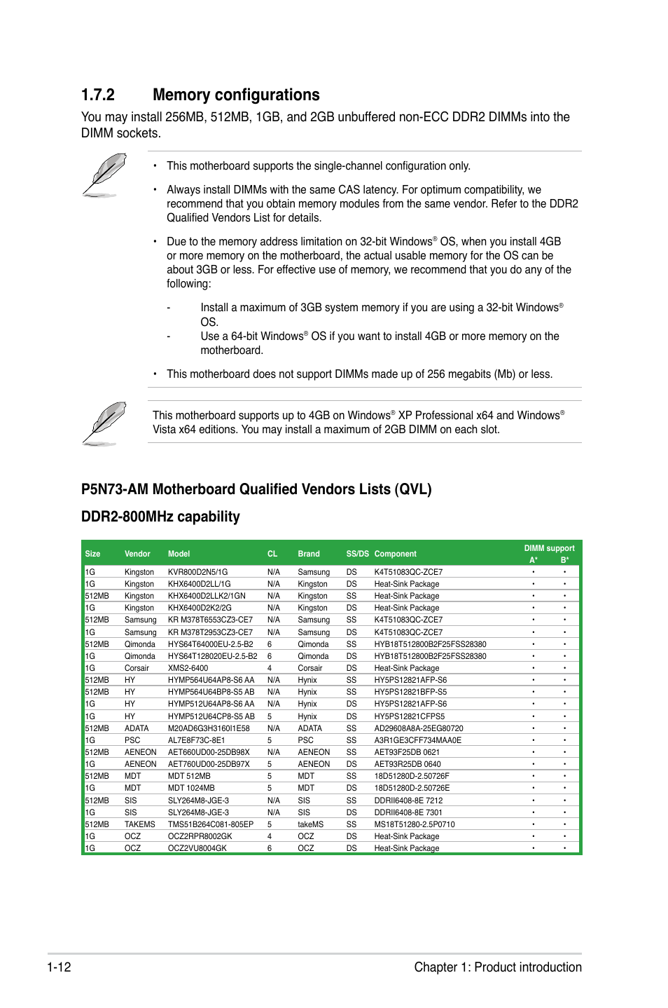 2 memory configurations, Memory configurations -12, 12 chapter 1: product introduction | Os. - use a 64-bit windows, This motherboard supports up to 4gb on windows, Xp professional x64 and windows | Asus P5N73-AM User Manual | Page 22 / 60