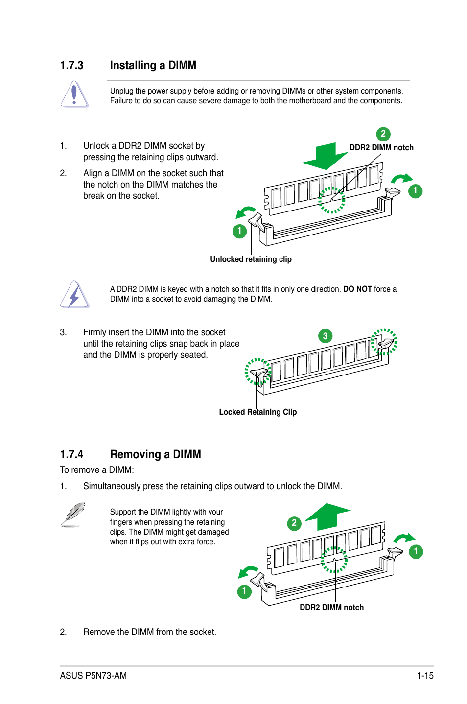 3 installing a dimm, 4 removing a dimm, Installing a dimm -15 | Removing a dimm -15 | Asus P5N73-AM User Manual | Page 25 / 60