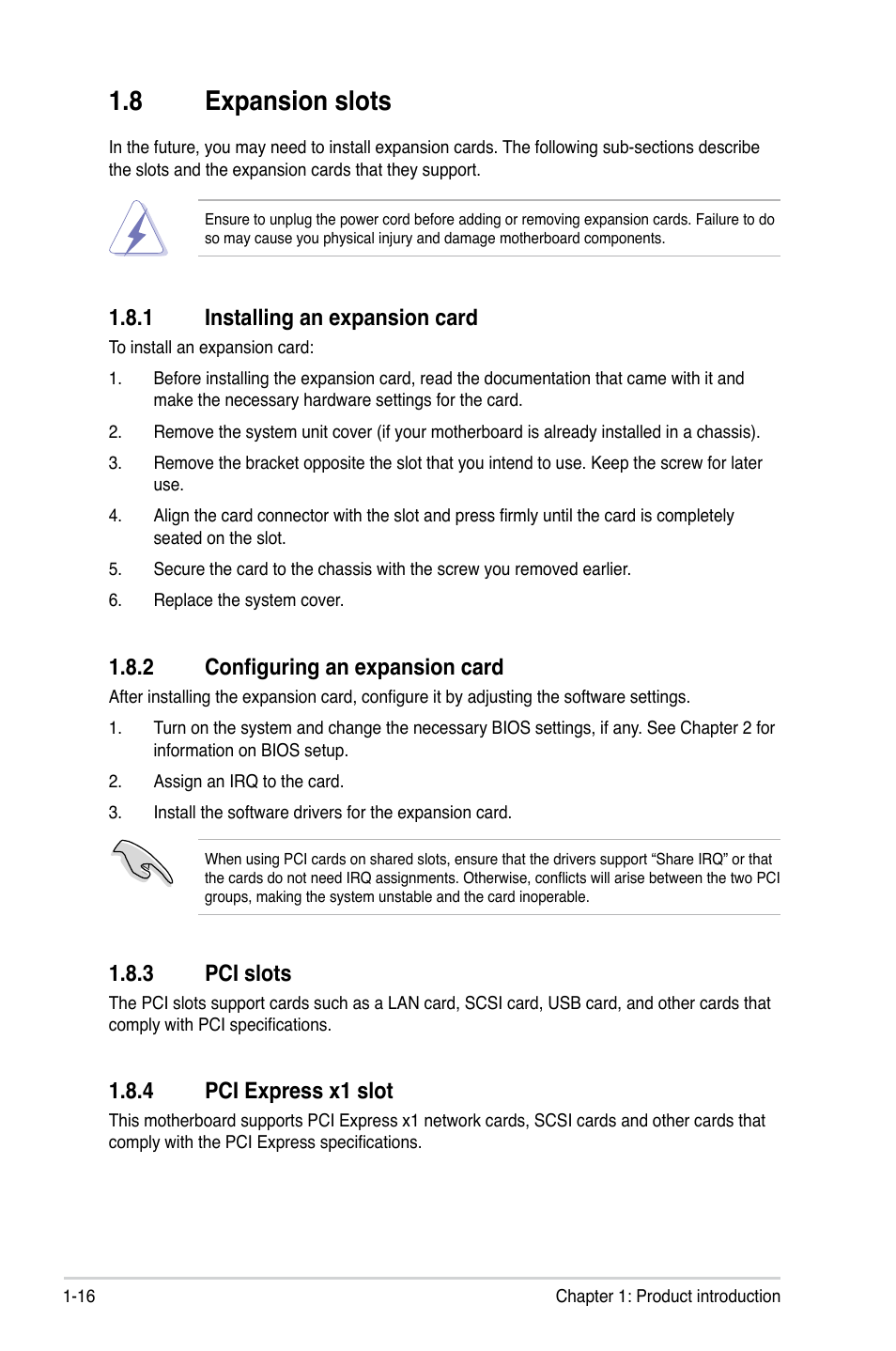 8 expansion slots, 1 installing an expansion card, 2 configuring an expansion card | 3 pci slots, 4 pci express x1 slot, Expansion slots -16 1.8.1, Installing an expansion card -16, Configuring an expansion card -16, Pci slots -16, Pci express x1 slot -16 | Asus P5N73-AM User Manual | Page 26 / 60