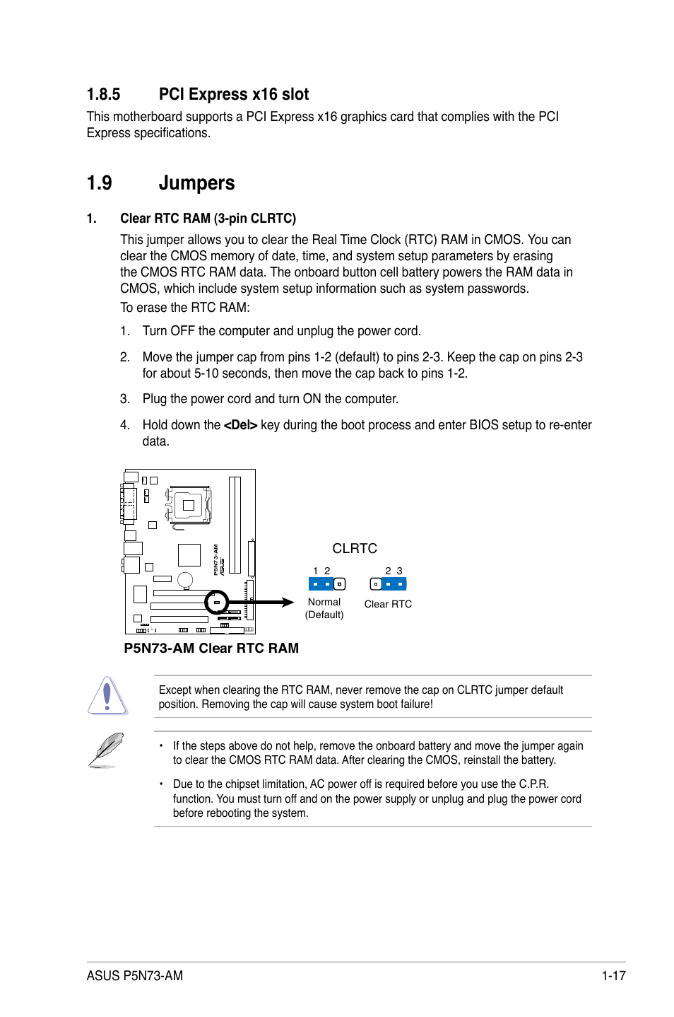 5 pci express x16 slot, 9 jumpers, Pci express x16 slot -17 | Jumpers -17 | Asus P5N73-AM User Manual | Page 27 / 60