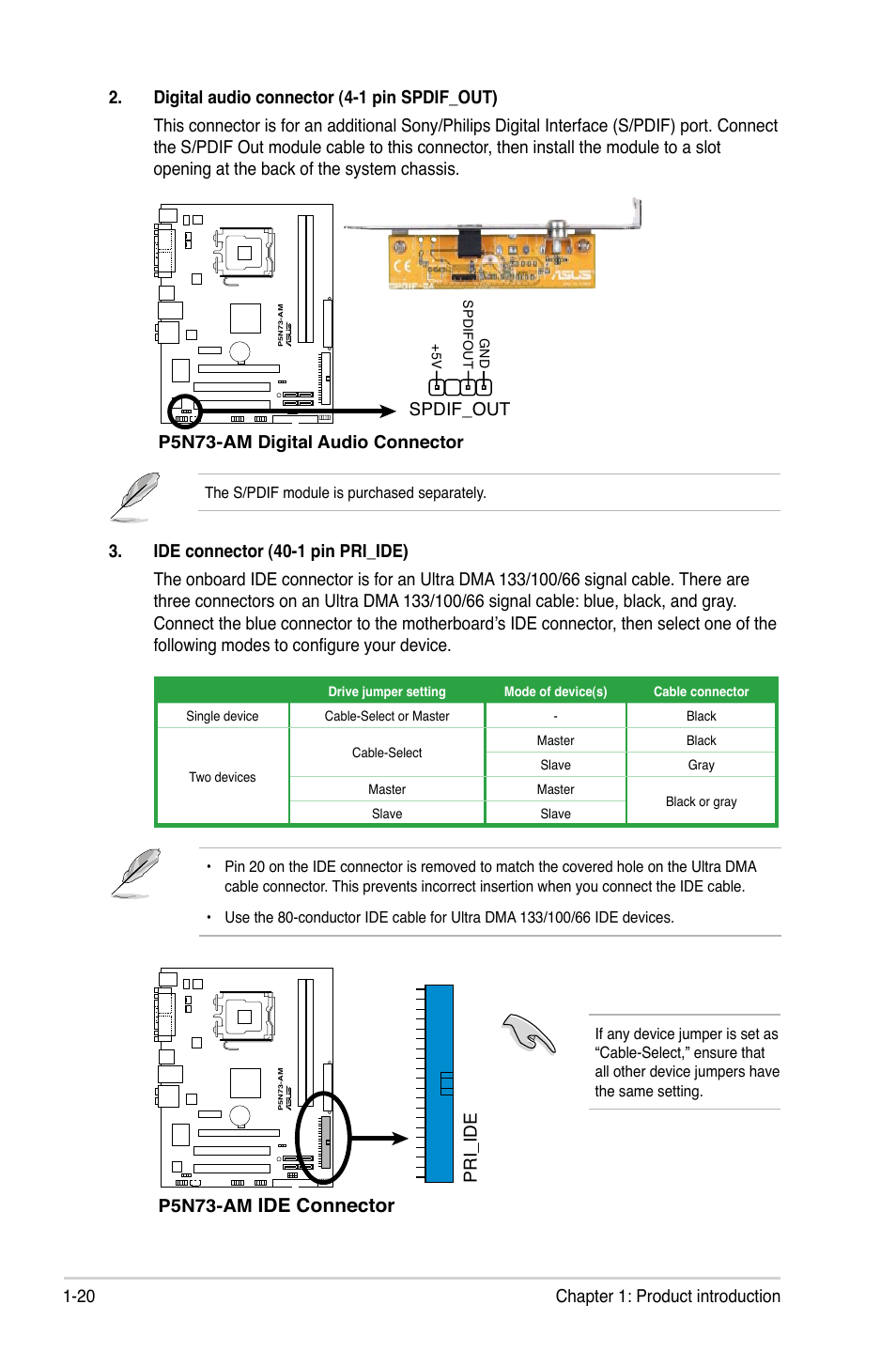 Ide connector | Asus P5N73-AM User Manual | Page 30 / 60