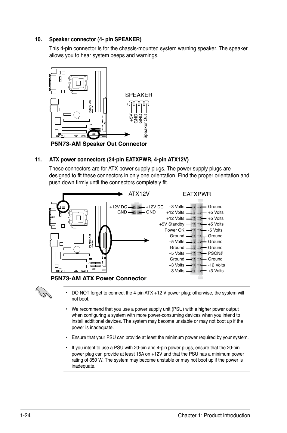 P5n73-am atx power connector eatxpwr, Atx12v, P5n73-am speaker out connector speaker | Asus P5N73-AM User Manual | Page 34 / 60