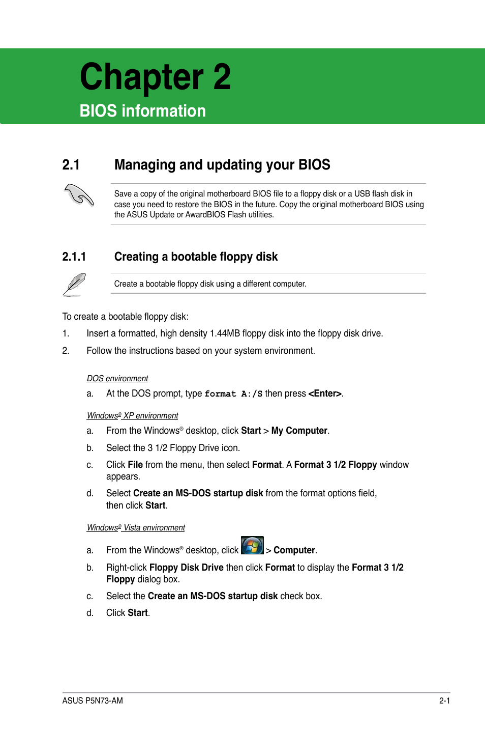 Chapter 2: bios information, 1 managing and updating your bios, 1 creating a bootable floppy disk | Bios information, Managing and updating your bios -1 2.1.1, Creating a bootable floppy disk -1, Chapter 2 | Asus P5N73-AM User Manual | Page 37 / 60
