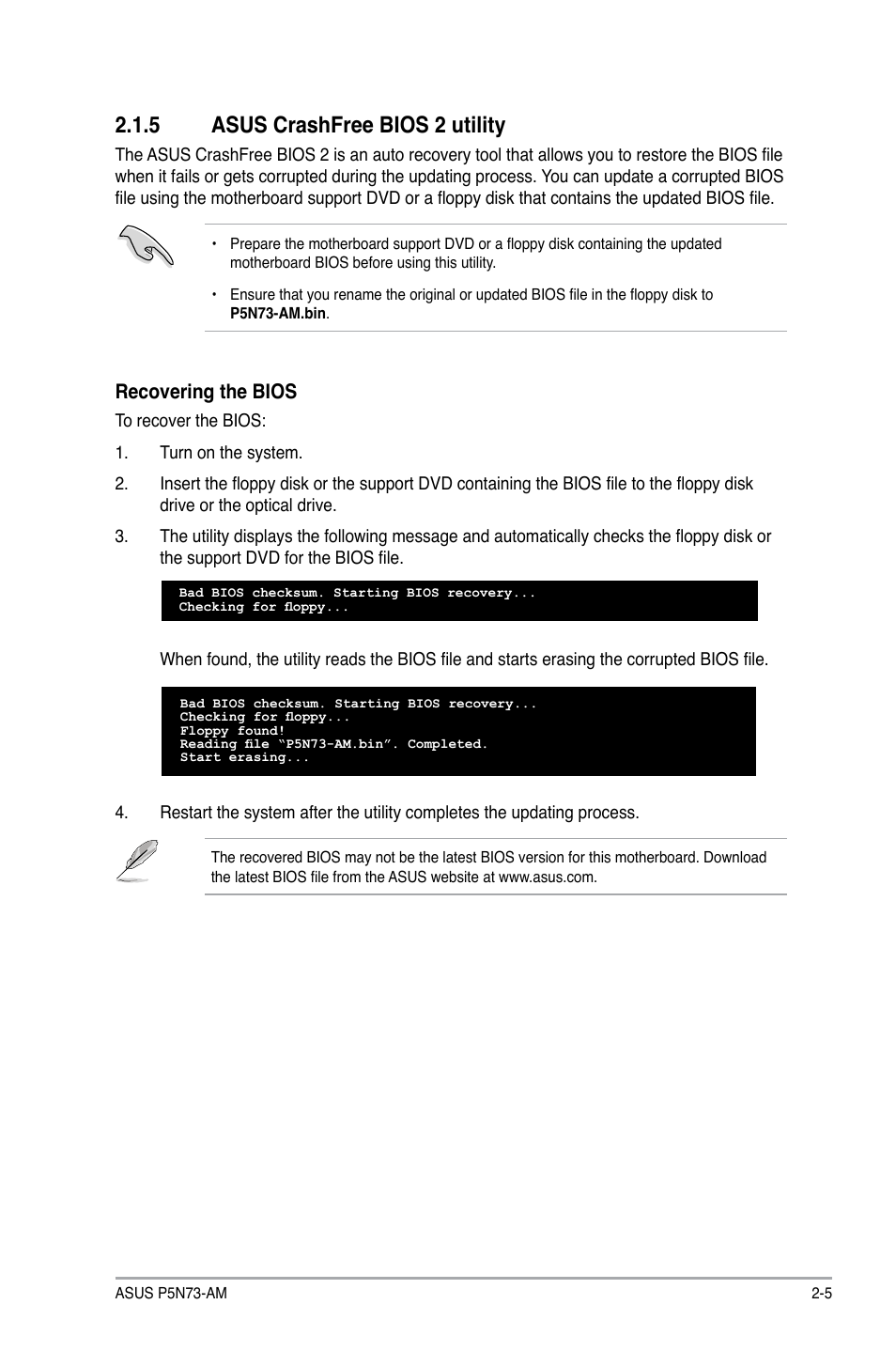 5 asus crashfree bios 2 utility, Asus crashfree bios 2 utility -5, Recovering the bios | Asus P5N73-AM User Manual | Page 41 / 60