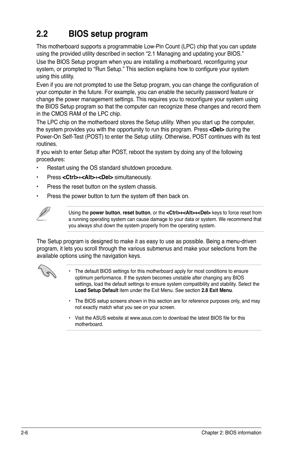 2 bios setup program, Bios setup program -6 | Asus P5N73-AM User Manual | Page 42 / 60