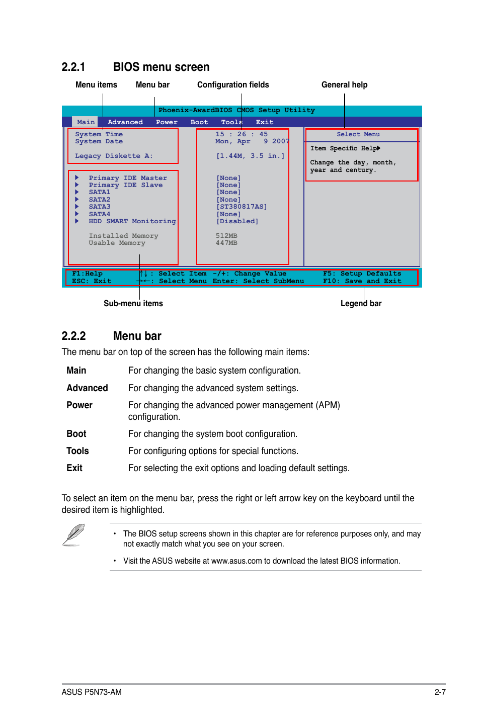 1 bios menu screen, 2 menu bar, Bios menu screen -7 | Menu bar -7 | Asus P5N73-AM User Manual | Page 43 / 60