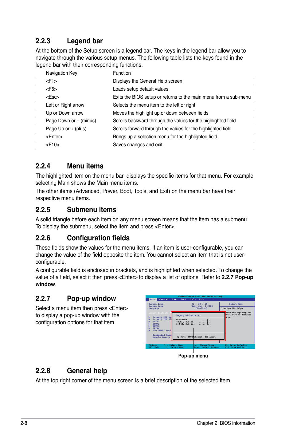 3 legend bar, 4 menu items, 5 submenu items | 6 configuration fields, 7 pop-up window, 8 general help, Legend bar -8, Menu items -8, Submenu items -8, Configuration fields -8 | Asus P5N73-AM User Manual | Page 44 / 60