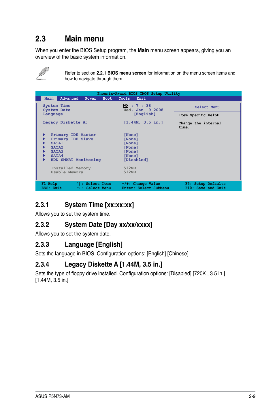 3 main menu, 1 system time, 2 system date | 3 language, 4 legacy diskette a, Main menu -9 2.3.1, System time -9, System date -9, Language -9, Legacy diskette a -9 | Asus P5N73-AM User Manual | Page 45 / 60