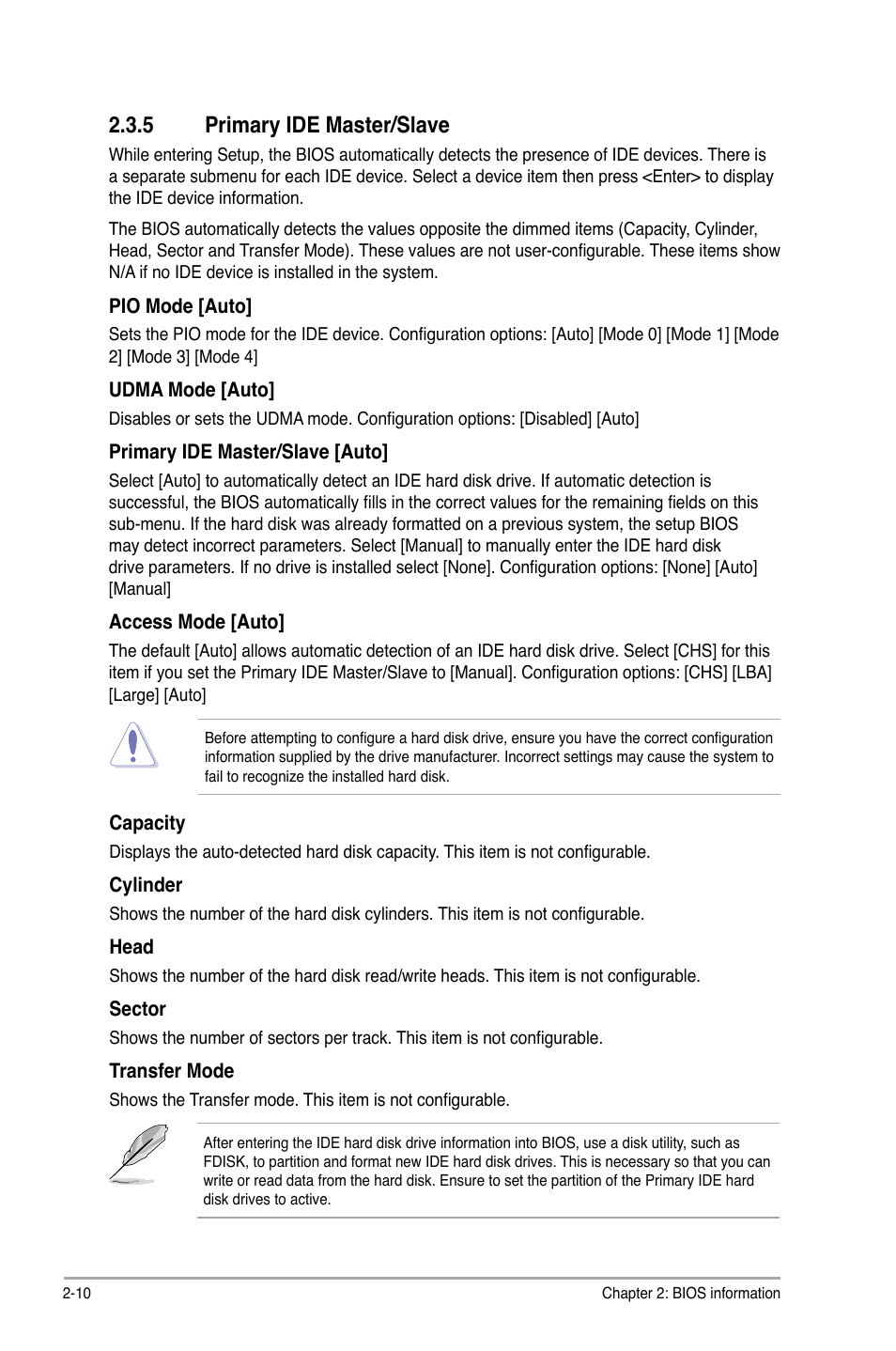 5 primary ide master/slave, Primary ide master/slave -10 | Asus P5N73-AM User Manual | Page 46 / 60