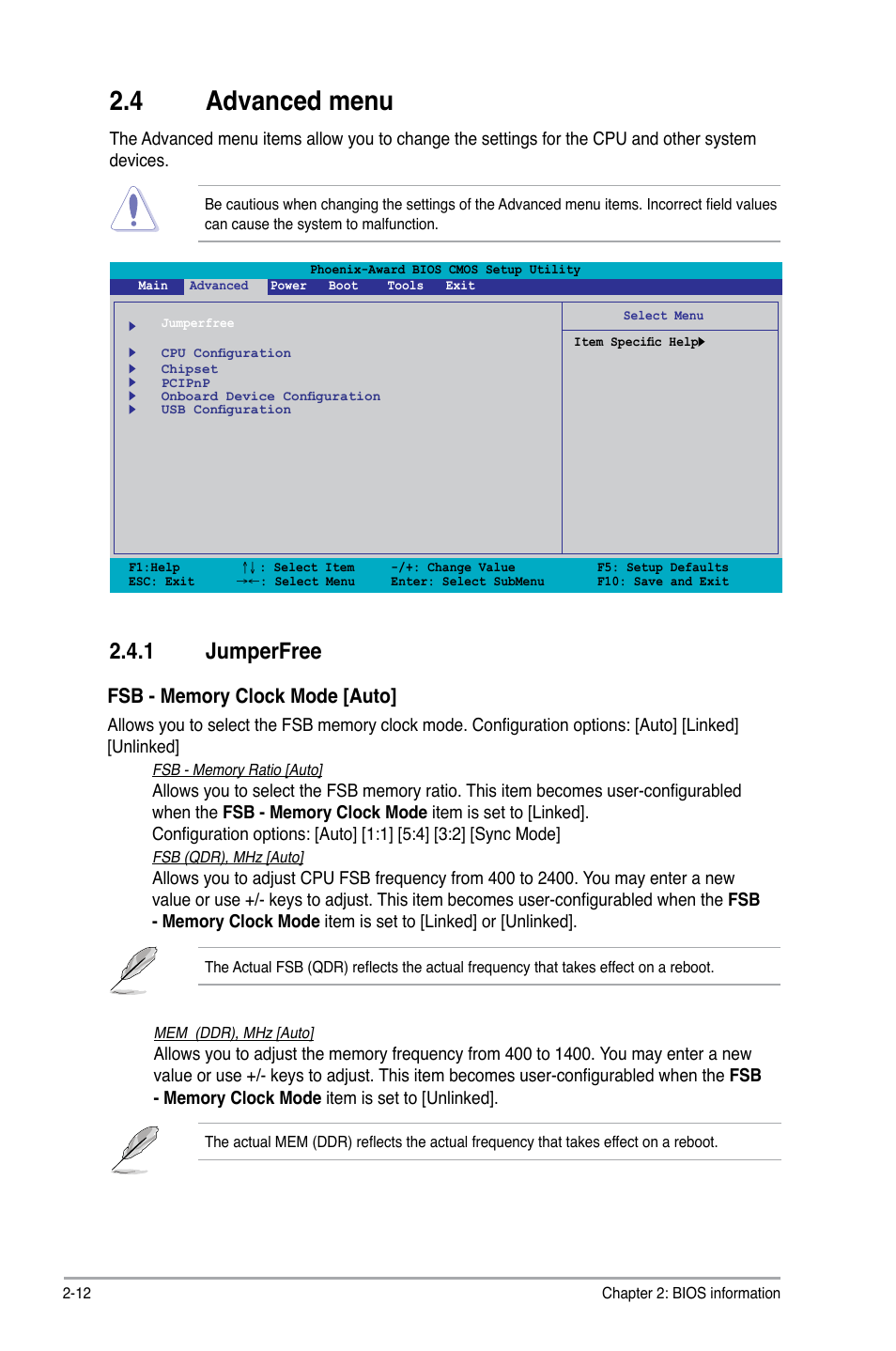 4 advanced menu, 1 jumperfree, Advanced menu -12 2.4.1 | Jumperfree -12 | Asus P5N73-AM User Manual | Page 48 / 60