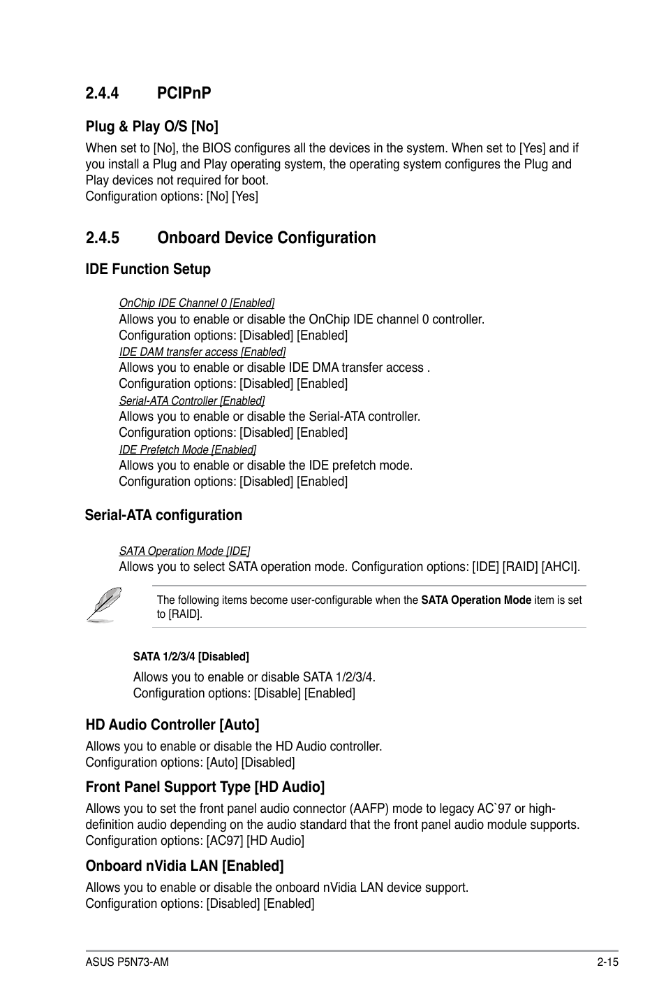 4 pcipnp, 5 onboard device configuration, Pcipnp -15 | 5 onboard device configuration -15, 4 pcipnp 2.4.5 onboard device configuration | Asus P5N73-AM User Manual | Page 51 / 60