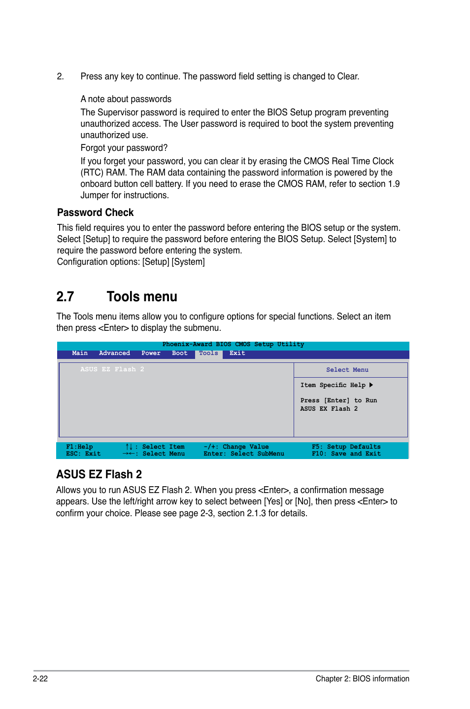 7 tools menu, Tools menu -22, Asus ez flash 2 | Password check | Asus P5N73-AM User Manual | Page 58 / 60