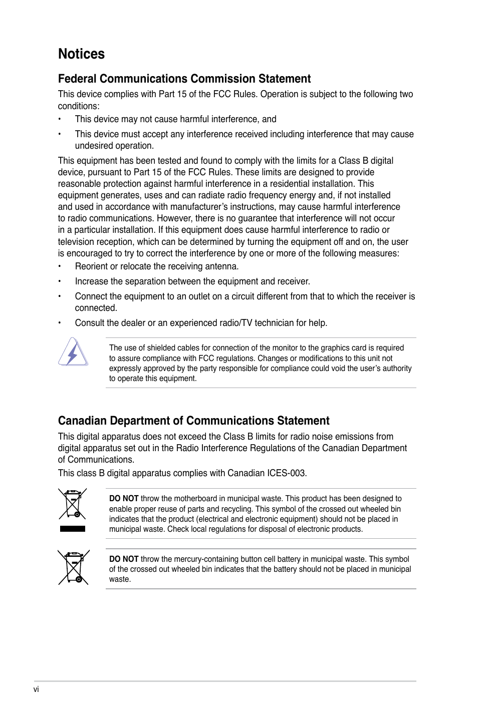 Notices, Federal communications commission statement, Canadian department of communications statement | Asus P5N73-AM User Manual | Page 6 / 60