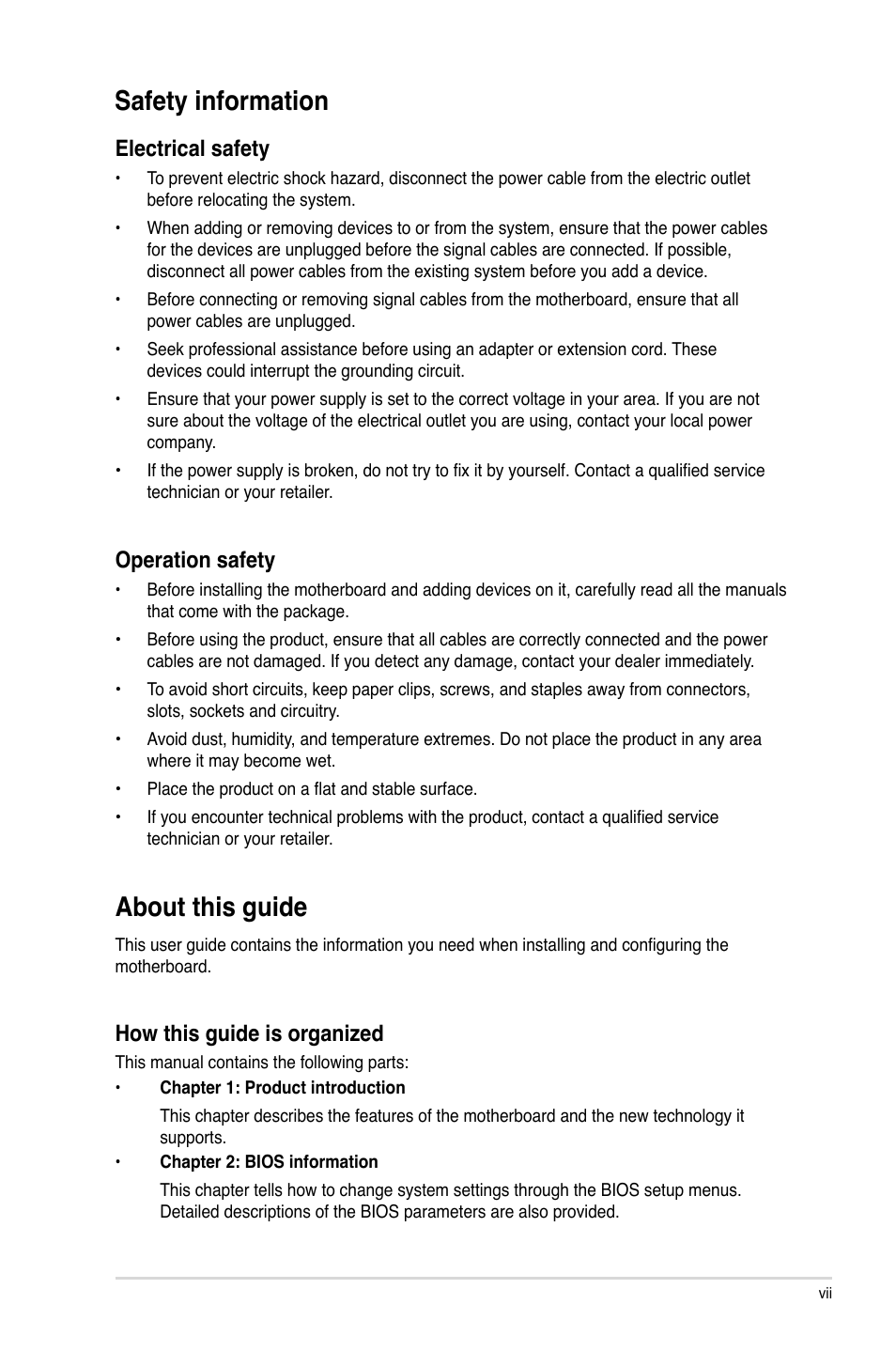 Safety information, About this guide, Electrical safety | Operation safety, How this guide is organized | Asus P5N73-AM User Manual | Page 7 / 60