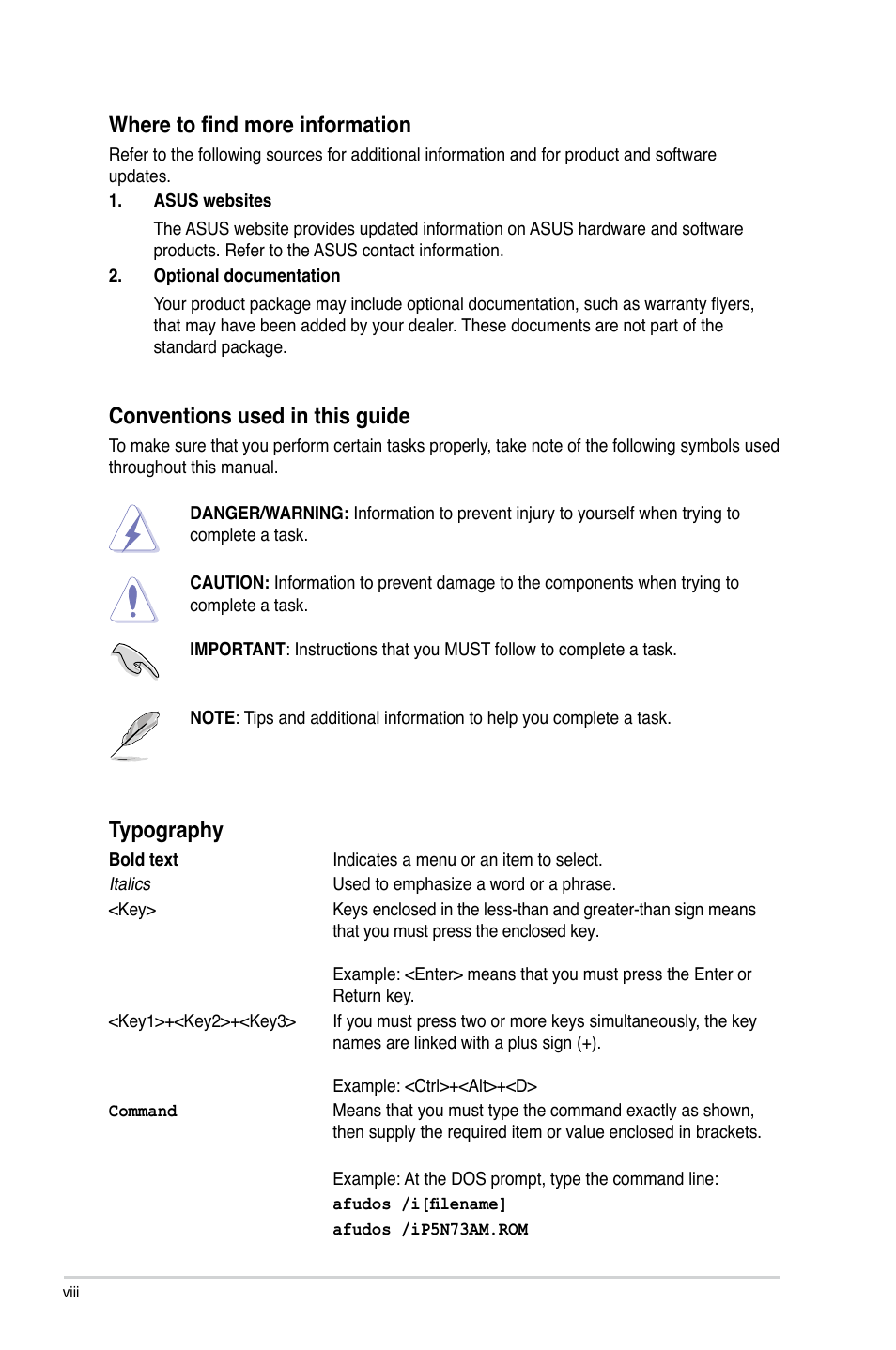 Where to find more information, Conventions used in this guide, Typography | Asus P5N73-AM User Manual | Page 8 / 60