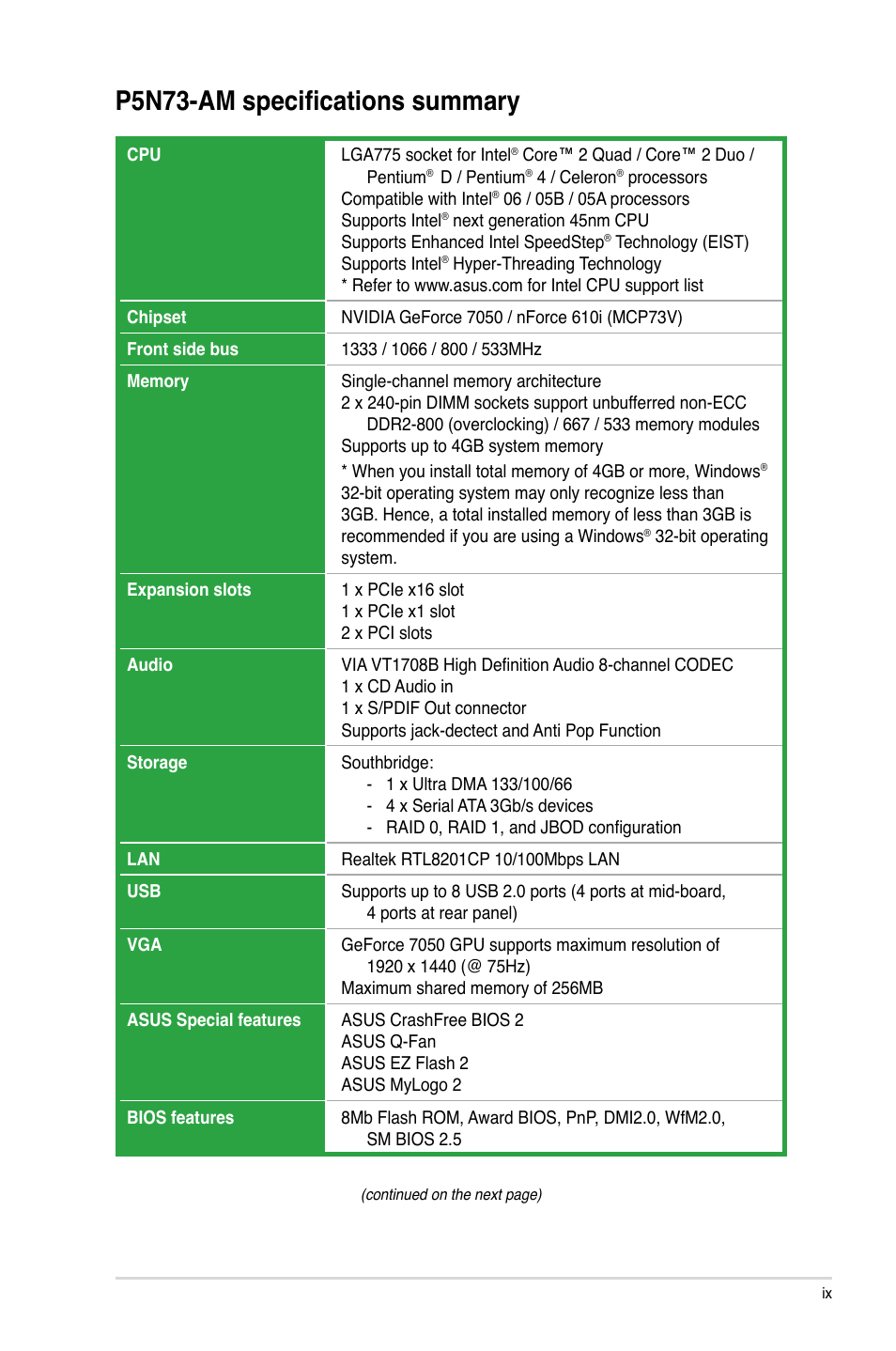 P5n73-am specifications summary | Asus P5N73-AM User Manual | Page 9 / 60