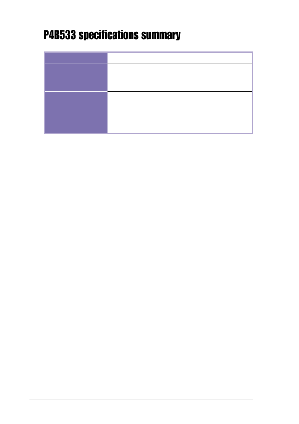 P4b533 specifications summary | Asus P4B533 User Manual | Page 12 / 140