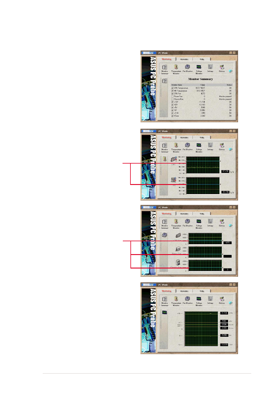 Using asus pc probe monitoring | Asus P4B533 User Manual | Page 121 / 140