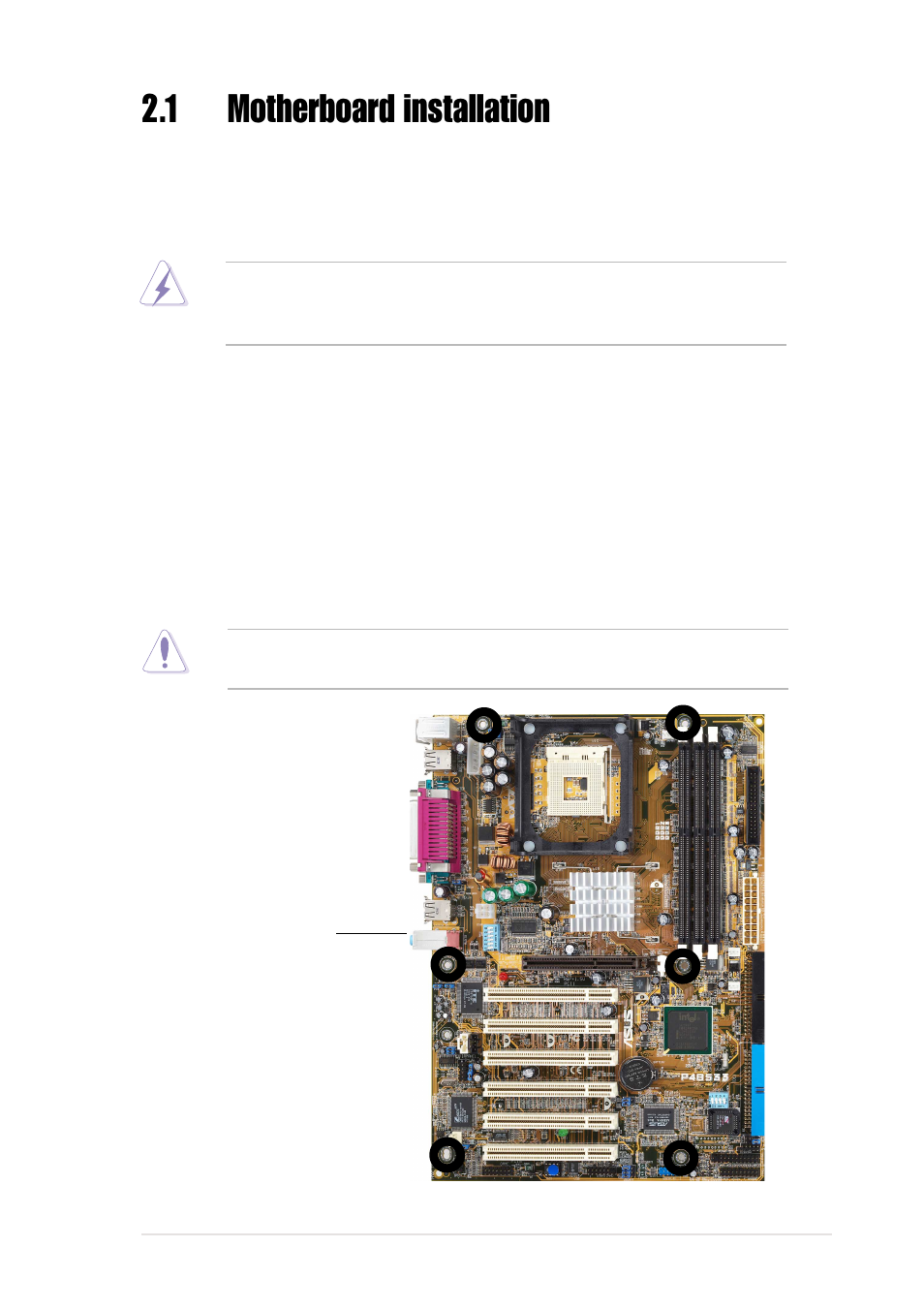 1 motherboard installation, 1 placement direction, 2 screw holes | Asus P4B533 User Manual | Page 27 / 140