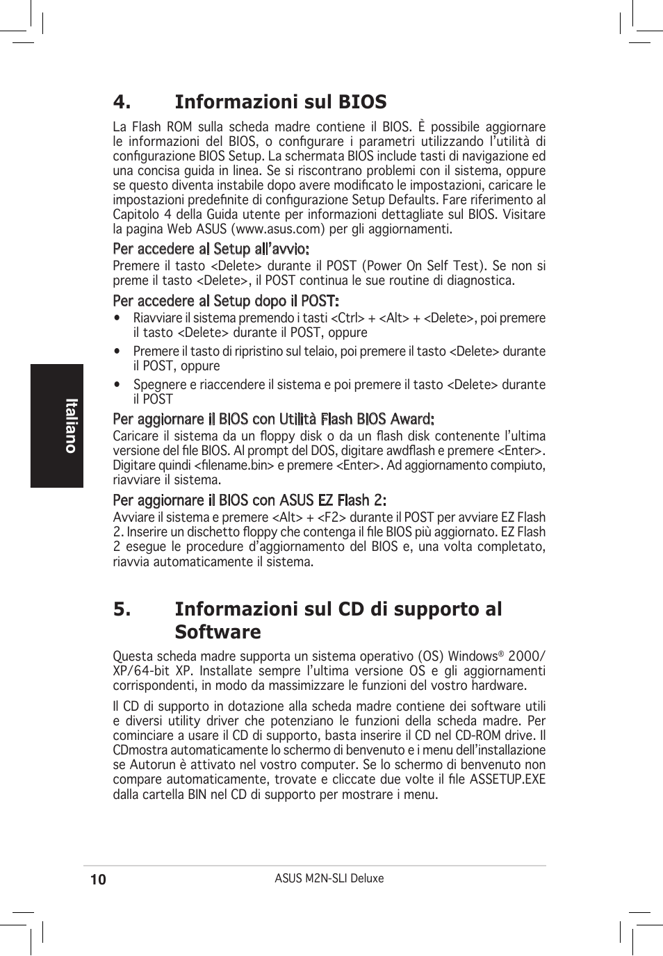 Informazioni sul bios, Informazioni sul cd di supporto al software, Italiano | Asus M2N-SLI Deluxe User Manual | Page 10 / 38