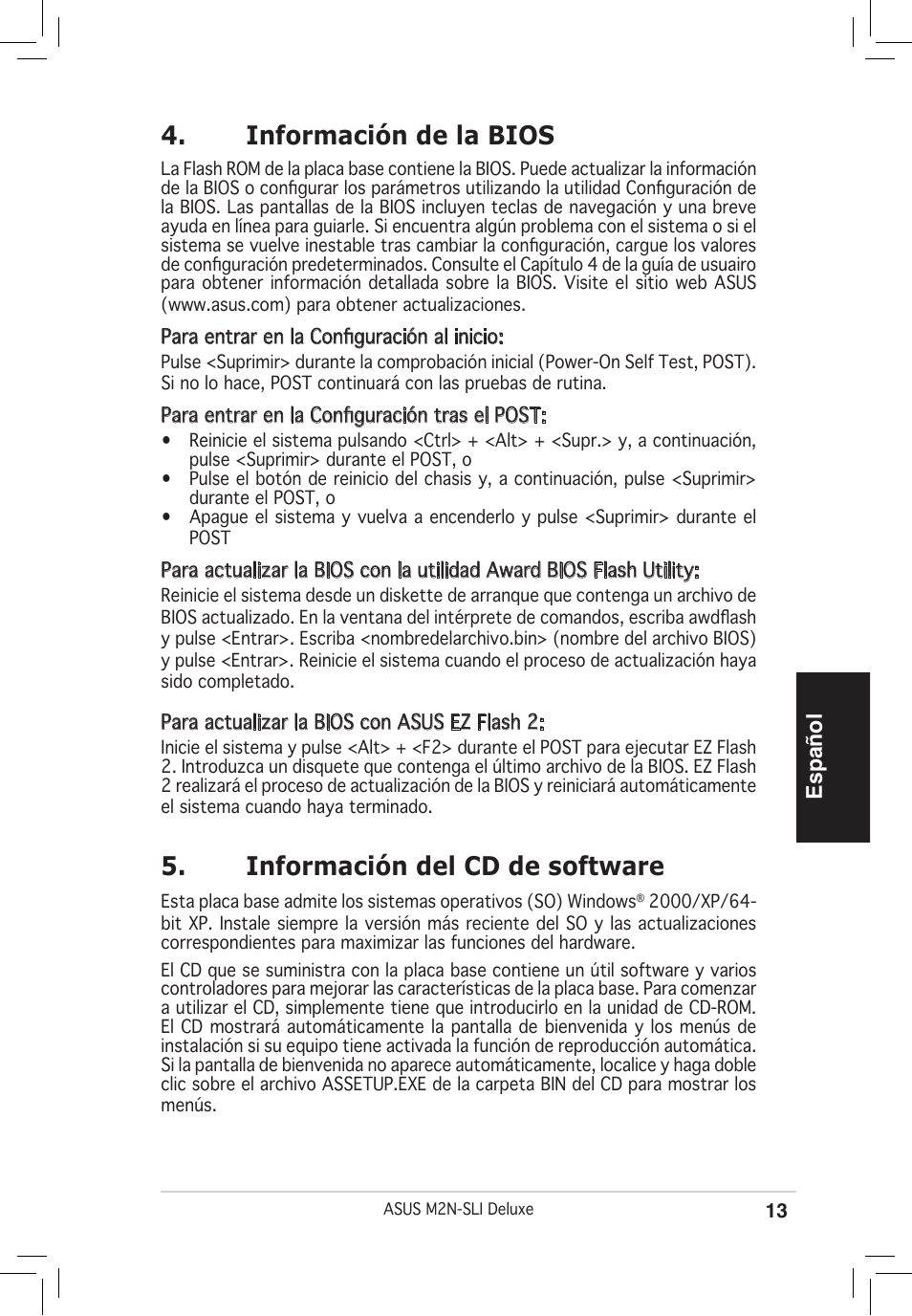 Información de la bios, Información del cd de software, Español | Asus M2N-SLI Deluxe User Manual | Page 13 / 38