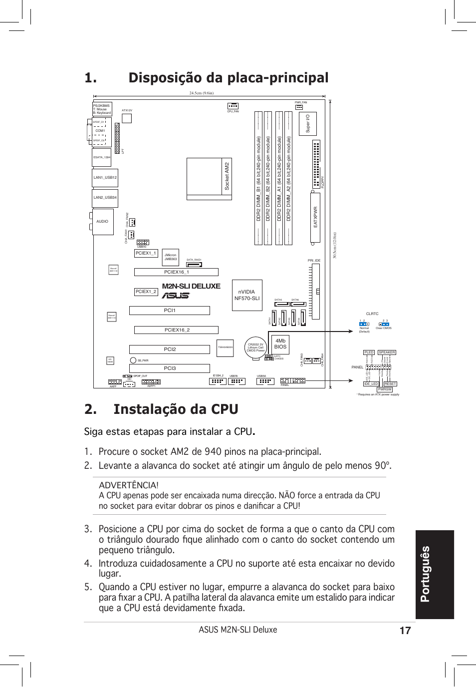 Disposição da placa-principal 2. instalação da cpu, Português, Siga estas etapas para instalar a cpu | Asus m2n-sli deluxe, M2n-sli deluxe | Asus M2N-SLI Deluxe User Manual | Page 17 / 38