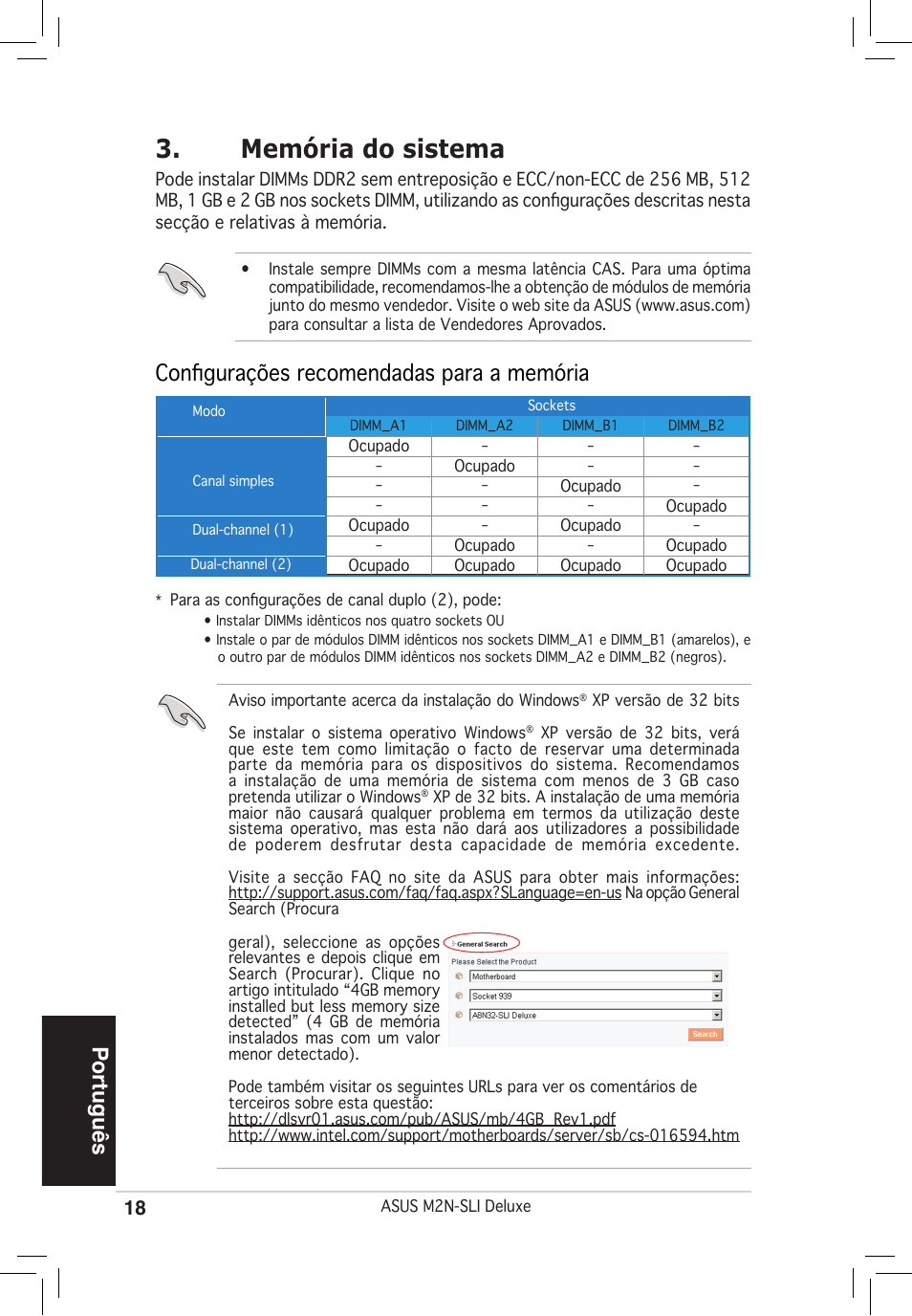 Memória do sistema, Português, Configurações recomendadas para a memória | Asus M2N-SLI Deluxe User Manual | Page 18 / 38