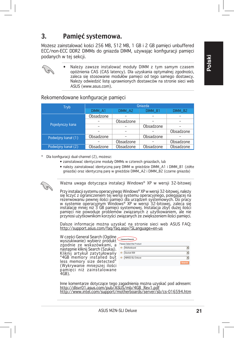 Pamięć systemowa, Polski, Rekomendowane konfiguracje pamięci | Asus M2N-SLI Deluxe User Manual | Page 21 / 38