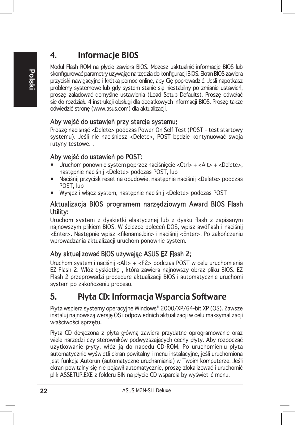 Informacje bios, Płyta cd: informacja wsparcia software, Polski | Asus M2N-SLI Deluxe User Manual | Page 22 / 38