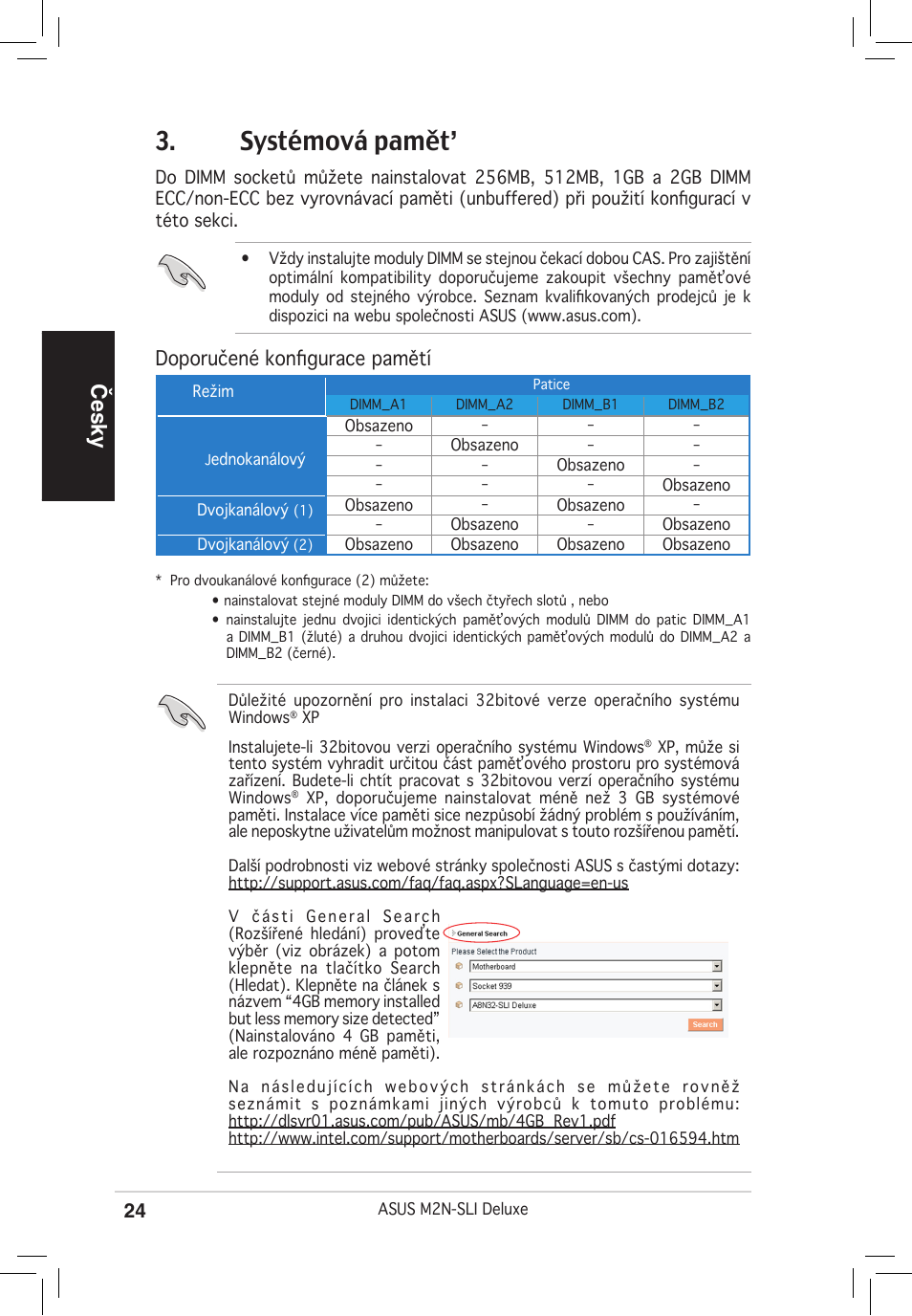 Systémová pamět, Česky, Doporučené konfigurace pamětí | Asus M2N-SLI Deluxe User Manual | Page 24 / 38