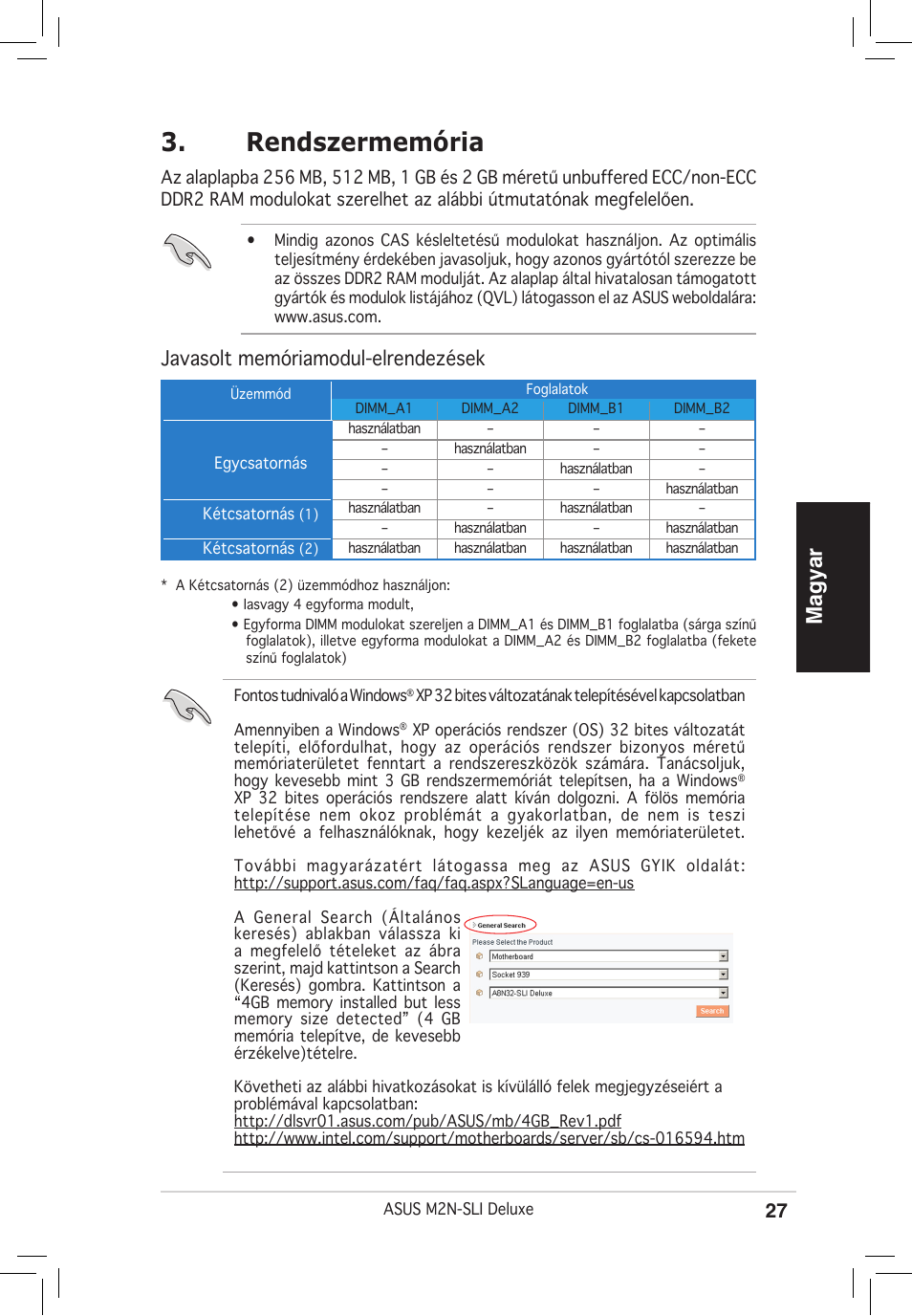 Rendszermemória, Magyar, Javasolt memóriamodul-elrendezések | Asus M2N-SLI Deluxe User Manual | Page 27 / 38