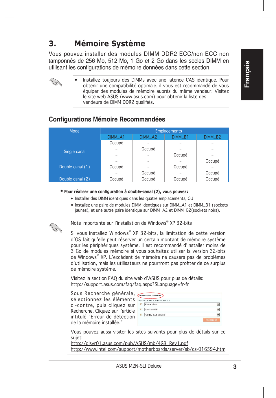 Mémoire système, Français, Configurations mémoire recommandées | Asus M2N-SLI Deluxe User Manual | Page 3 / 38