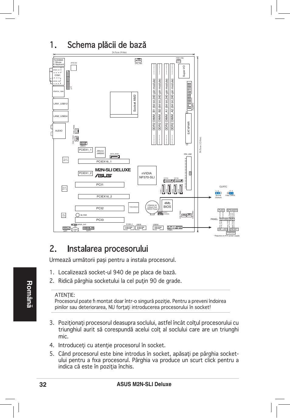 Schema plăcii de bază 2. instalarea procesorului, Română, M2n-sli deluxe | Asus M2N-SLI Deluxe User Manual | Page 32 / 38