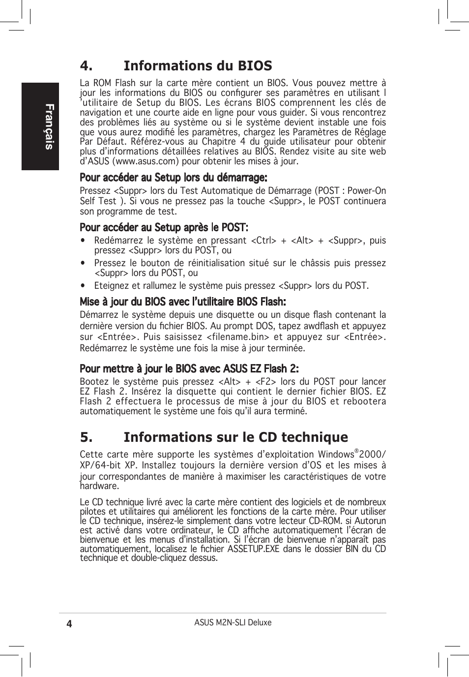 Informations du bios, Informations sur le cd technique, Français | Asus M2N-SLI Deluxe User Manual | Page 4 / 38