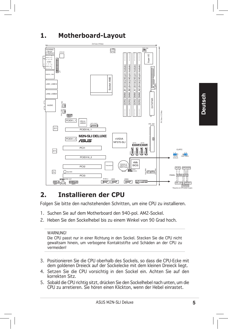 Motherboard-layout 2. installieren der cpu, Deutsch, Asus m2n-sli deluxe | M2n-sli deluxe | Asus M2N-SLI Deluxe User Manual | Page 5 / 38