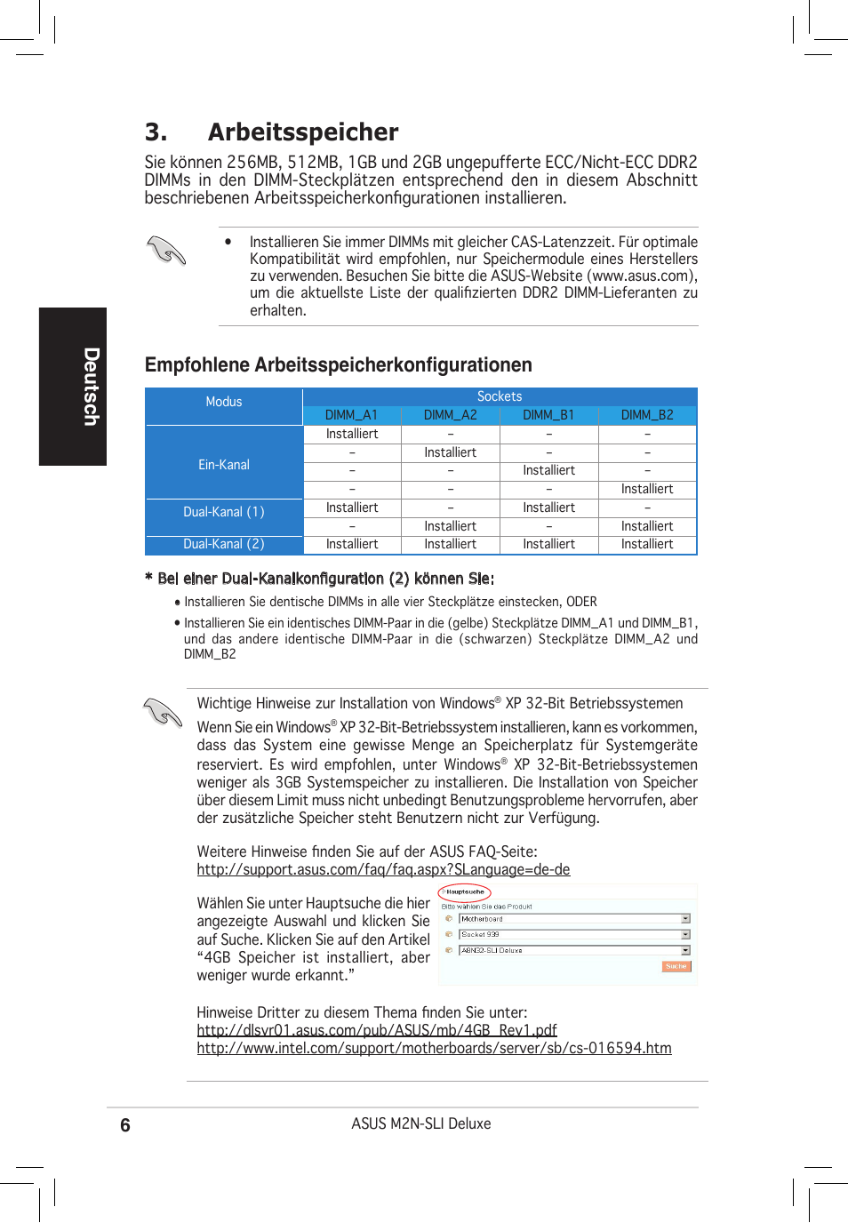 Arbeitsspeicher, Deutsch, Empfohlene arbeitsspeicherkonfigurationen | Asus M2N-SLI Deluxe User Manual | Page 6 / 38