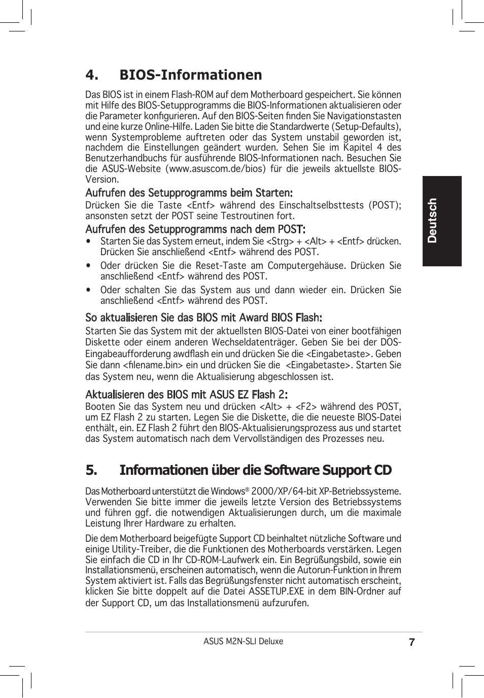 Bios-informationen, Informationen über die software support cd, Deutsch | Asus M2N-SLI Deluxe User Manual | Page 7 / 38