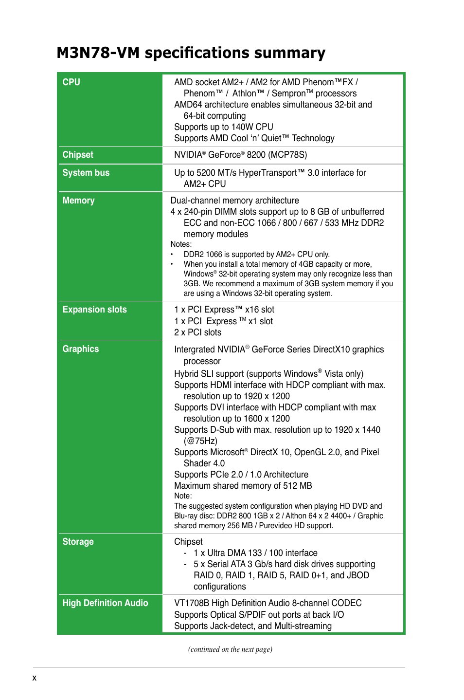 M3n78-vm specifications summary | Asus M3N78-VM User Manual | Page 10 / 105