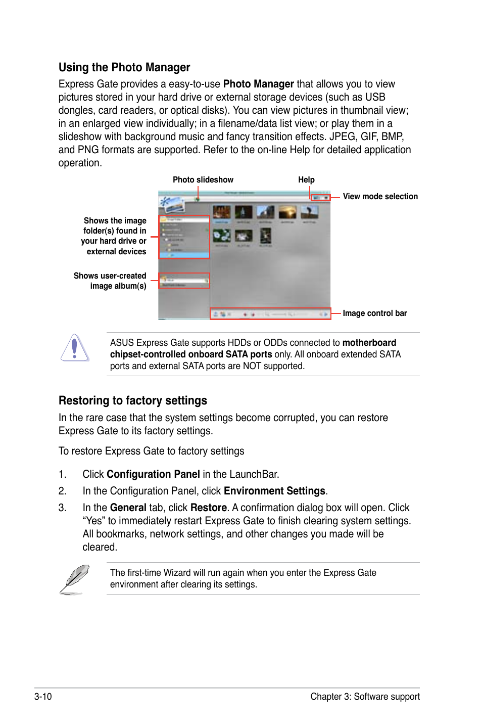 Using the photo manager, Restoring to factory settings | Asus M3N78-VM User Manual | Page 100 / 105