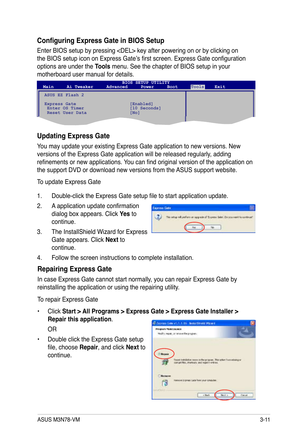 Configuring express gate in bios setup, Updating express gate, Repairing express gate | Asus M3N78-VM User Manual | Page 101 / 105