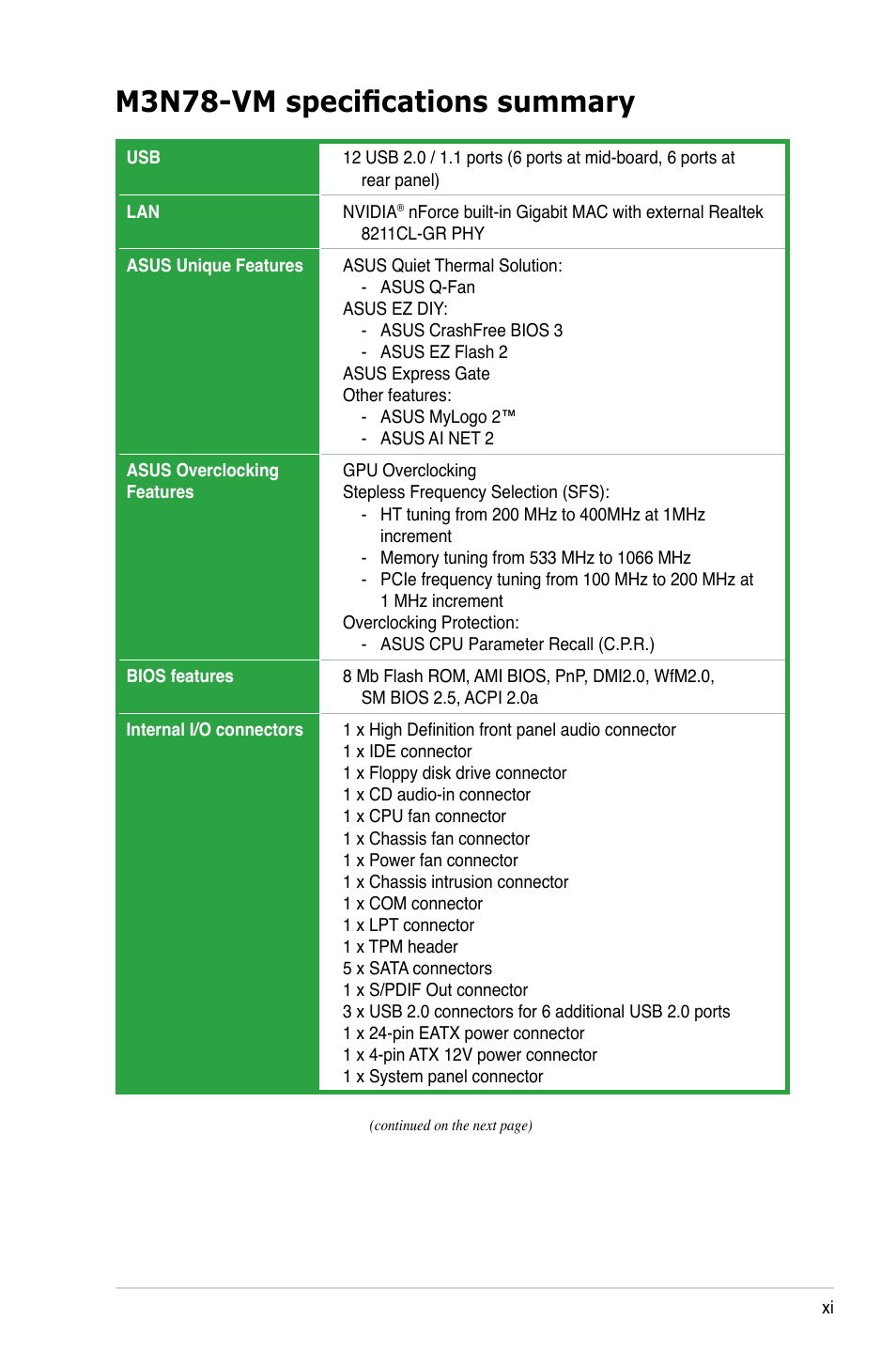 M3n78-vm specifications summary | Asus M3N78-VM User Manual | Page 11 / 105