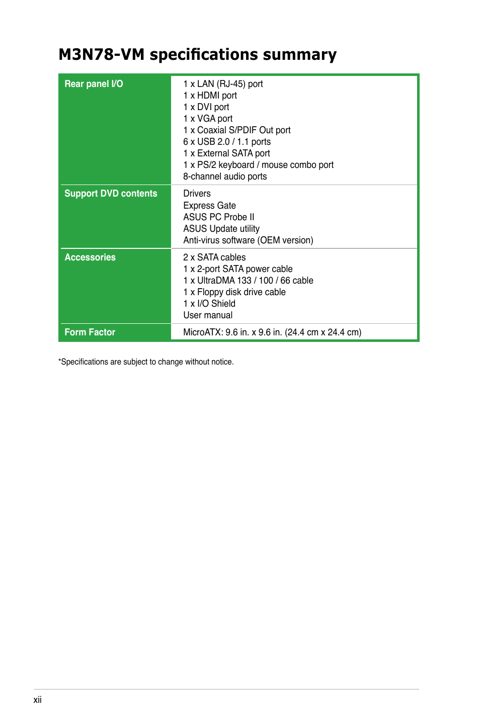 M3n78-vm specifications summary | Asus M3N78-VM User Manual | Page 12 / 105